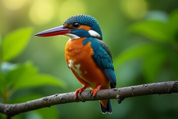 Obraz premium Colorful Kingfisher Perched on Branch in Lush Green Forest