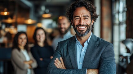 Confident Businessman Smiling with his Team in the Background