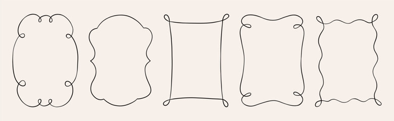 Set of elegant hand drawn doodle rectangle frames. Simple outlines featuring wavy and curly lines. Perfect for designing cards, invitations, and creative projects
