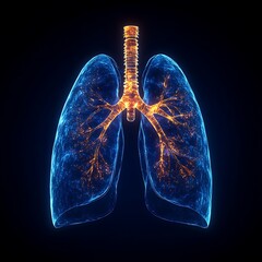 The anatomical human lungs are shown glowing blue and orange