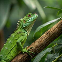Naklejka premium Green iguana close-up on a branch