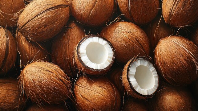 Close-up shot of whole and cracked coconuts. Perfect for tropical themes, food blogs, or healthy lifestyle content.