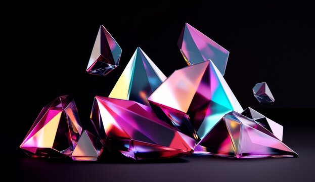 Abstract vibrant iridescent crystal pyramids on dark background