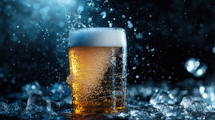 Refreshing beer glass splashing on ice with bubbles