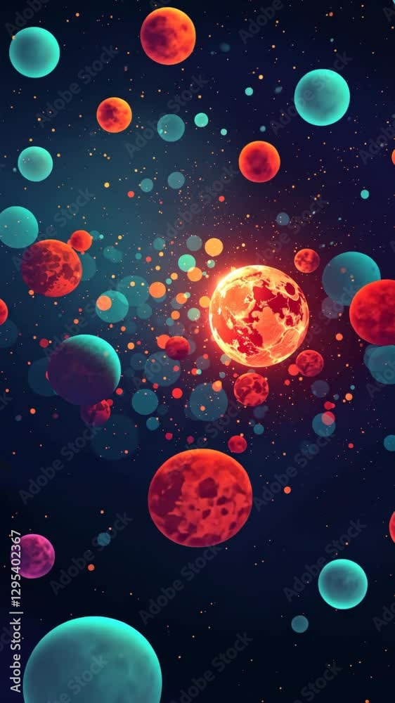 Poster a painting of many small circles of different colors. the circles are mostly blue and red. the circl