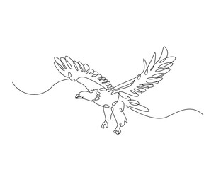 Flying eagle simple outline drawing illustration. Continuous one line draw of flying bald eagle design.