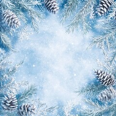 Snowy pine branches frame, winter background, holiday decor