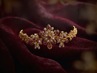 Gold jewellery shoot on red velvet cloth