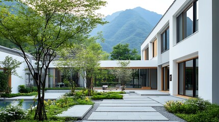 自然と調和するモダンな中庭のある邸宅