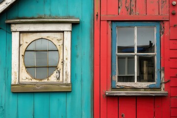 Coastal shack windows, vibrant paint, weathered wood, seaside background