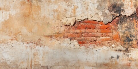 Obraz premium Weathered Wall Texture: An aged brick wall displays textured paint, revealing the raw beauty of its worn layers. Its distressed surface tells a story of time.