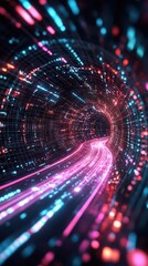 Obraz premium Encrypted data streams flowing through a neon cyber tunnel, secure network visualization