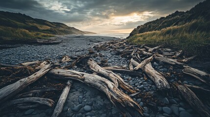 Fototapeta premium Driftwood litters a rocky beach under a dramatic cloudy sky