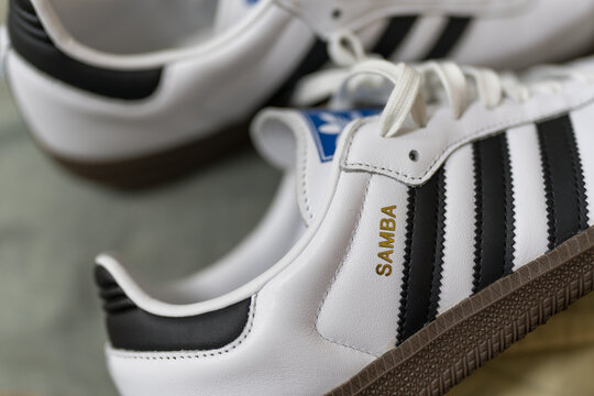 Bangkok, Thailand - February 27, 2025 : Samba OG Shoes, Adidas white and black stripes. The retro aesthetic crafted