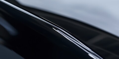 Sleek automotive: Abstract shot of a glossy black car, the curves and highlights are rendered with an almost artistic approach. This captivating image focuses on the fine details and elegance.