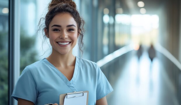 Smiling Female Healthcare Worker in Scrubs Holding Clipboard in Modern Hospital Corridor