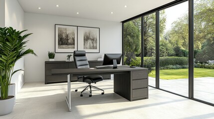 A modern home office with a view of a beautiful garden