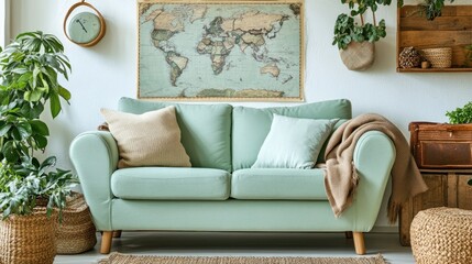 Interior design features a light green couch with pillows plants