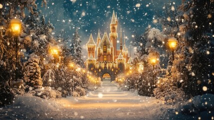 Naklejka premium Fairytale castle adorned with lights stands in a winter wonderland