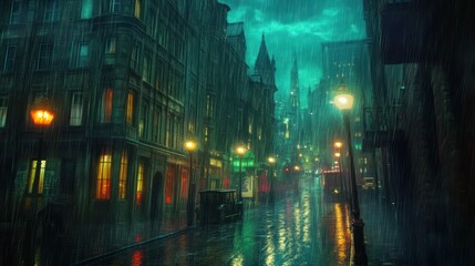 Obraz premium Rainy city street with glowing lamps and vintage cars