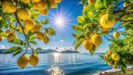 Golden Lemons Under Bright Sunlight with Scenic Water Background