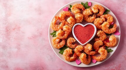 Fototapeta premium Crispy Fried Shrimp Arranged Beautifully with Pink Hearts and Sauce