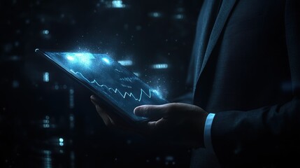 Businessman analyzing data charts on tablet at night