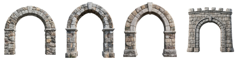 Majestic gothic arched entryways and decaying architectural structures of an impressive medieval castle fortress  The weathered stone walls columns
