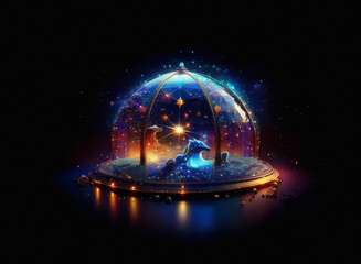 Glowing dome containing abstract wave and star shapes, illuminated against a dark background.  Mysterious and ethereal atmosphere.