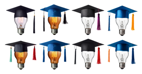 Graduating Caps and Light Bulbs Symbolizing Innovation and Ideas, isolated on transparent background