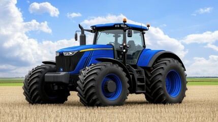 Obraz premium Blue Modern Tractor in a Brown Field Under a Cloudy Sky
