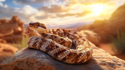 Naklejka premium A coiled snake rests on a rock, basking in the warm glow of a sunset, surrounded by a desert landscape.