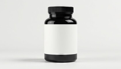 Black plastic supplement container, blank label, white backdrop , energy, jar, white background