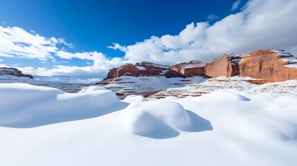 A stunning winter landscape featuring snow-covered terrain, dramatic rock formations, and a vibrant blue sky scattered with clouds.