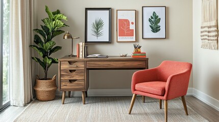 Well decorated home office features a modern wooden desk