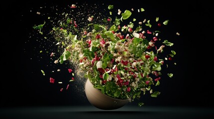 Exploding Salad Bowl Vibrant Green Red Vegetables Dark Background Food Photography