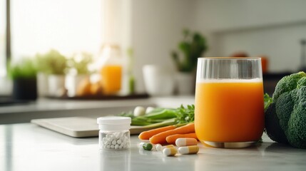 Obesity drug placed next to a fresh vegetable juice on a countertop. Featuring hydration and health