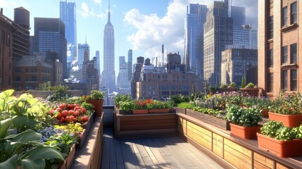 Fototapeta premium Rooftop Garden Overlooking Midtown Manhattan Skyline