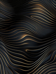 Naklejka premium Abstract wavy lines, black and gold background, technology line art