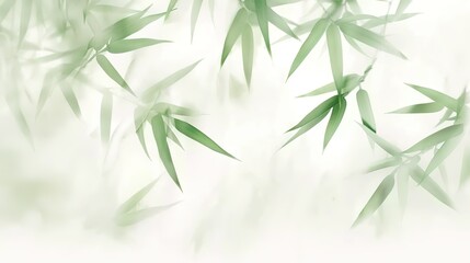 Obraz premium A soft, blurred background of green bamboo leaves on white paper, creating an elegant and calming effect. The gentle movement in the air adds to its peaceful ambiance.