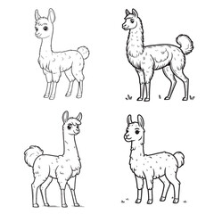 High-Quality Cute Cartoonic Vicuna Standing Pose Outline Vector Illustrations