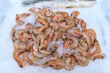 Raw fresh Shrimp on ice sell in market