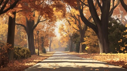 An autumn road is lined with trees in warm colors
