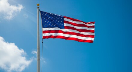 Majestic American Flag Waving Against a Bright Blue Sky