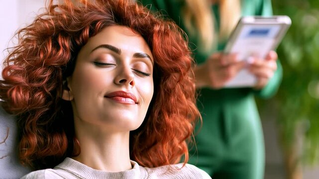 Relaxed young caucasian female at session with psychologist