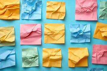 Colorful crumpled sticky notes on blue. Illustrates brainstorming, ideas, or discarded plans.