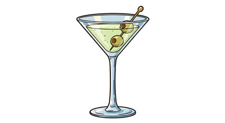 Classic martini cocktail with olives illustration on vibrant orange background