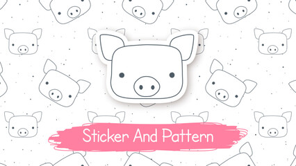 Doodle Pig Cartoon Character, Hand Drawn Kids Animal Style, Seamless Pattern, Sticker With Shadow