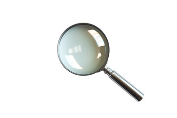 A closeup of a silver magnifying glass with a clear lens. Light reflects on the surface creating subtle highlights. The background is black.
