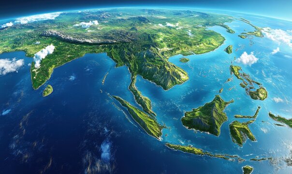 Southeast Asia from space, islands, ocean, clouds, daytime aerial view